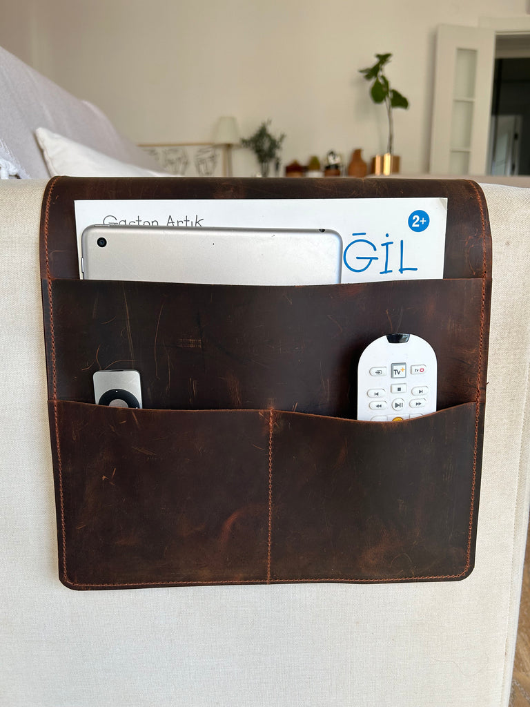 Handmade Leather Sofa Armrest Organizer: Couch Caddy with Pockets