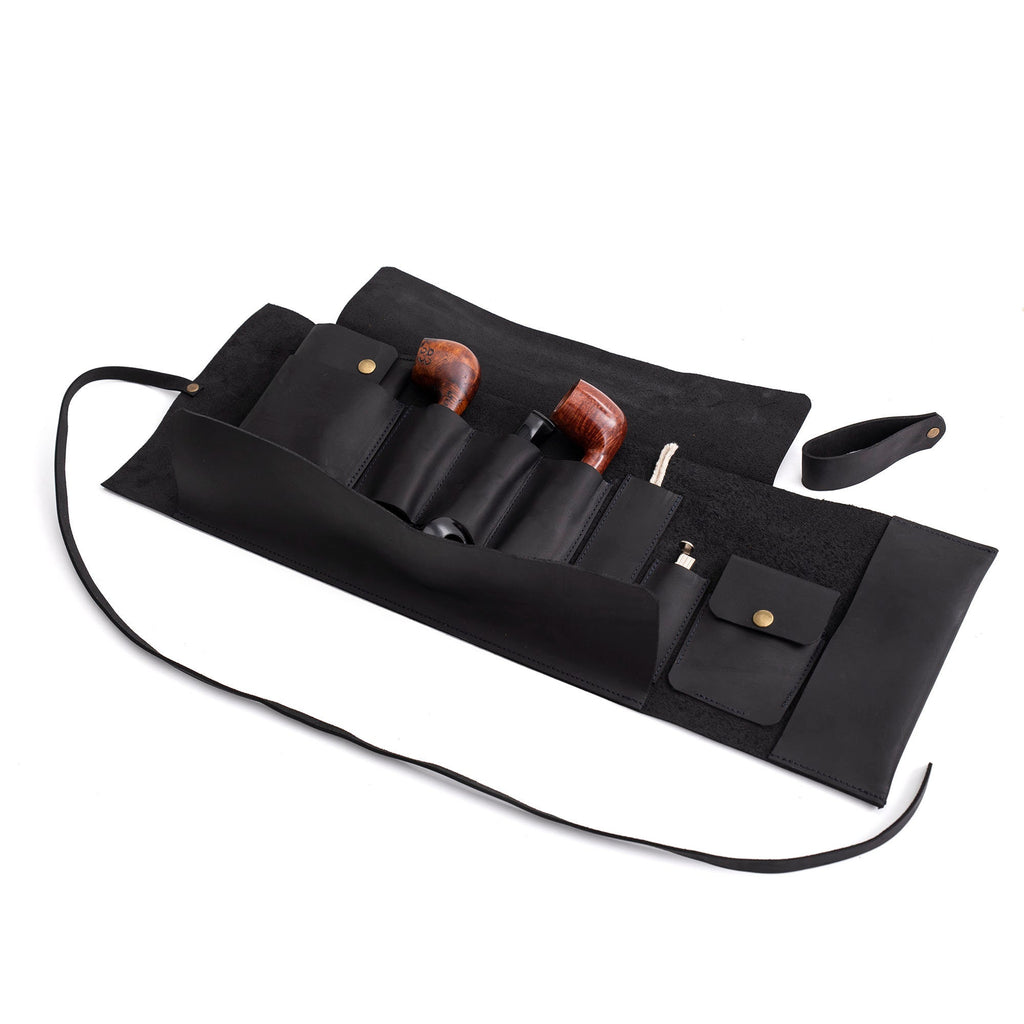 Black Leather Pipe Pouch: Handmade Pipe Bag for 3-Pipes