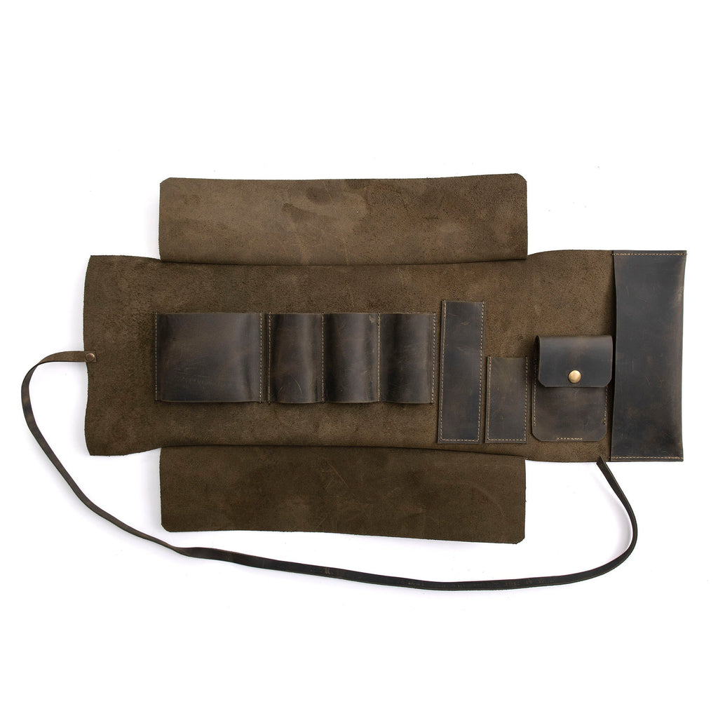 Olive Leather Pipe Pouch: Handmade Pipe Bag for 3-Pipes