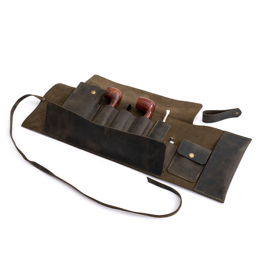 Olive Leather Pipe Pouch: Handmade Pipe Bag for 3-Pipes
