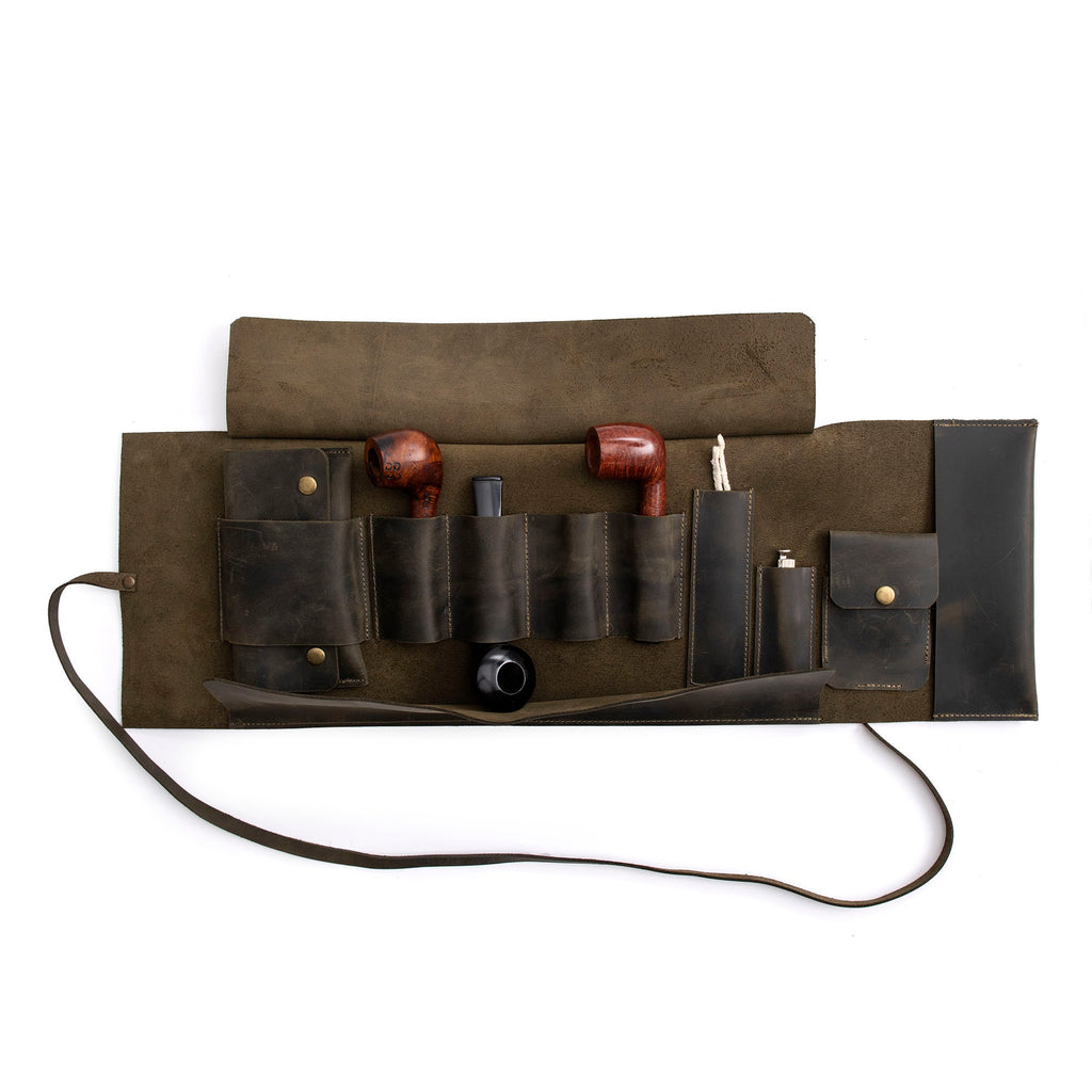 Olive Leather Pipe Pouch: Handmade Pipe Bag for 4-Pipes