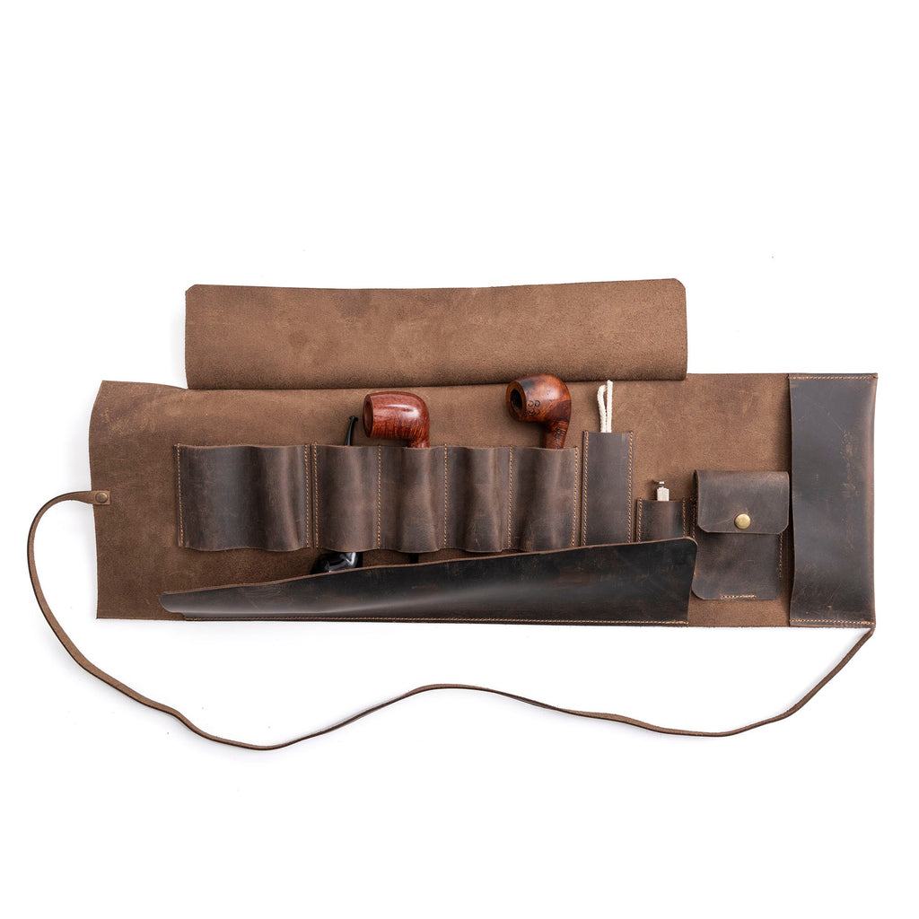 Chestnut Leather Pipe Pouch: Handmade Pipe Bag for 4-Pipes