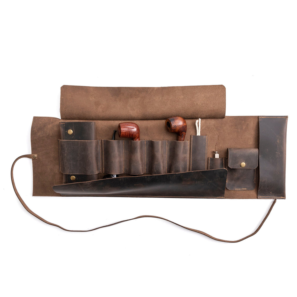 Chestnut Leather Pipe Pouch: Handmade Pipe Bag for 4-Pipes