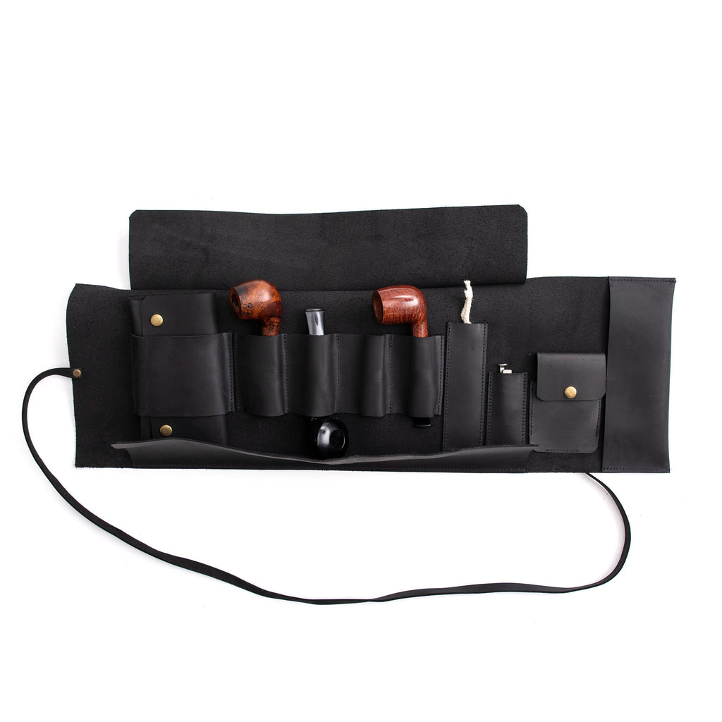 Black Leather Pipe Pouch: Handmade Pipe Bag for 4-Pipes