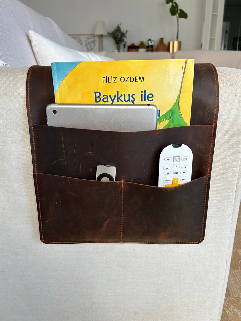 Handmade Leather Sofa Armrest Organizer: Couch Caddy with Pockets