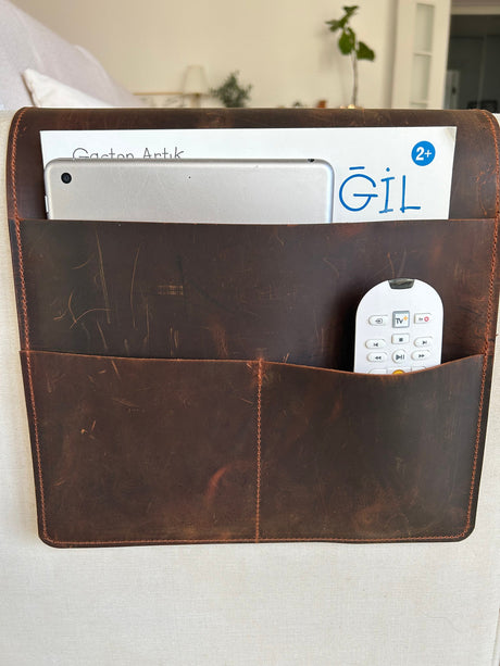 Handmade Leather Sofa Armrest Organizer: Couch Caddy with Pockets