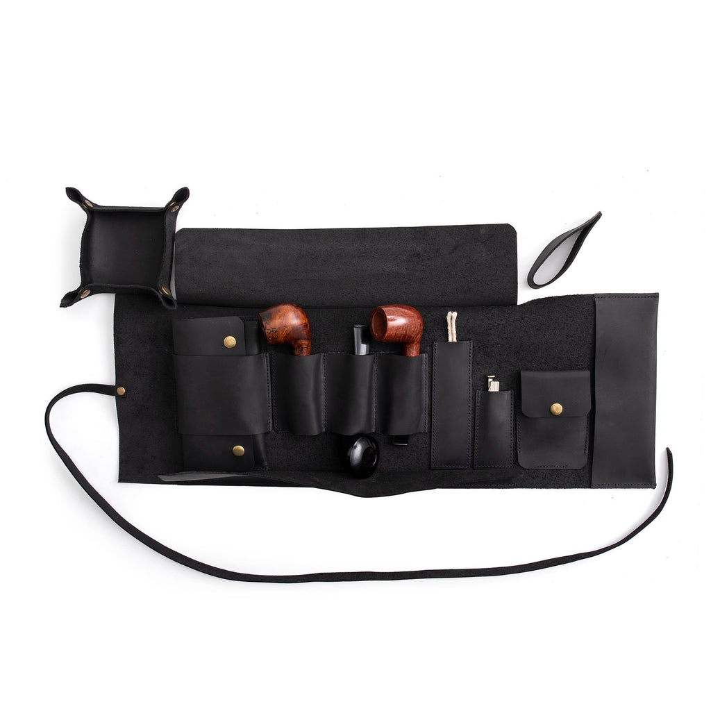 Black Leather Pipe Pouch: Handmade Pipe Bag for 3-Pipes