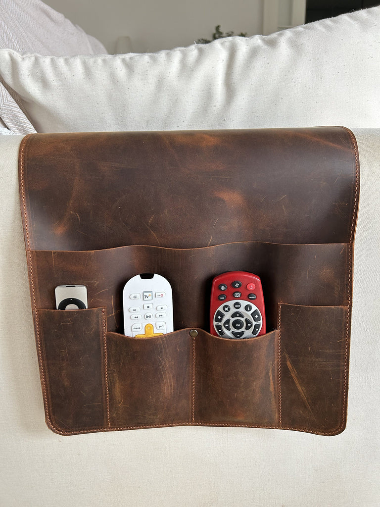 Handmade Leather Sofa Armrest Organizer: Couch Caddy with 5 pockets for Magazines, Tablets, Remotes