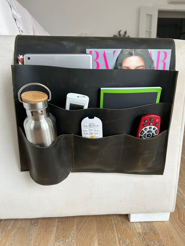 Handmade Leather Sofa Armrest Organizer: Couch Caddy with 5 Pockets for Magazines, Tablets, Remotes