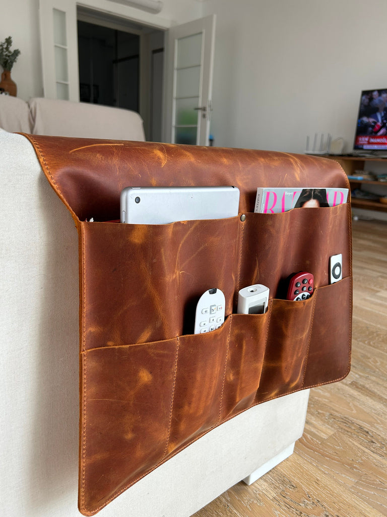 Leather Sofa Armrest Organizer, Handmade Couch & Sofa Caddy with 7 Pockets for Phone, Book, Magazines, Tablet, Remote Controls