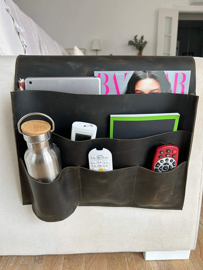 Handmade Leather Sofa Armrest Organizer: Couch Caddy with 5 Pockets for Magazines, Tablets, Remotes