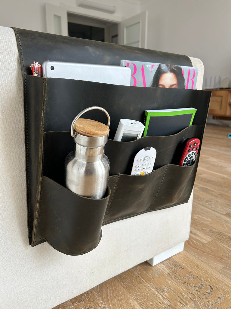 Handmade Leather Sofa Armrest Organizer: Couch Caddy with 5 Pockets for Magazines, Tablets, Remotes