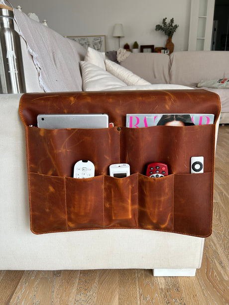 Handmade Leather Sofa Armrest Organizer: Couch Caddy with 7 Pockets for Magazines, Tablets, Remotes