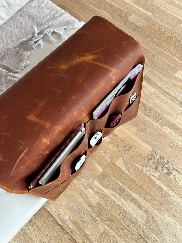 Handmade Leather Sofa Armrest Organizer: Couch Caddy with 7 Pockets for Magazines, Tablets, Remotes