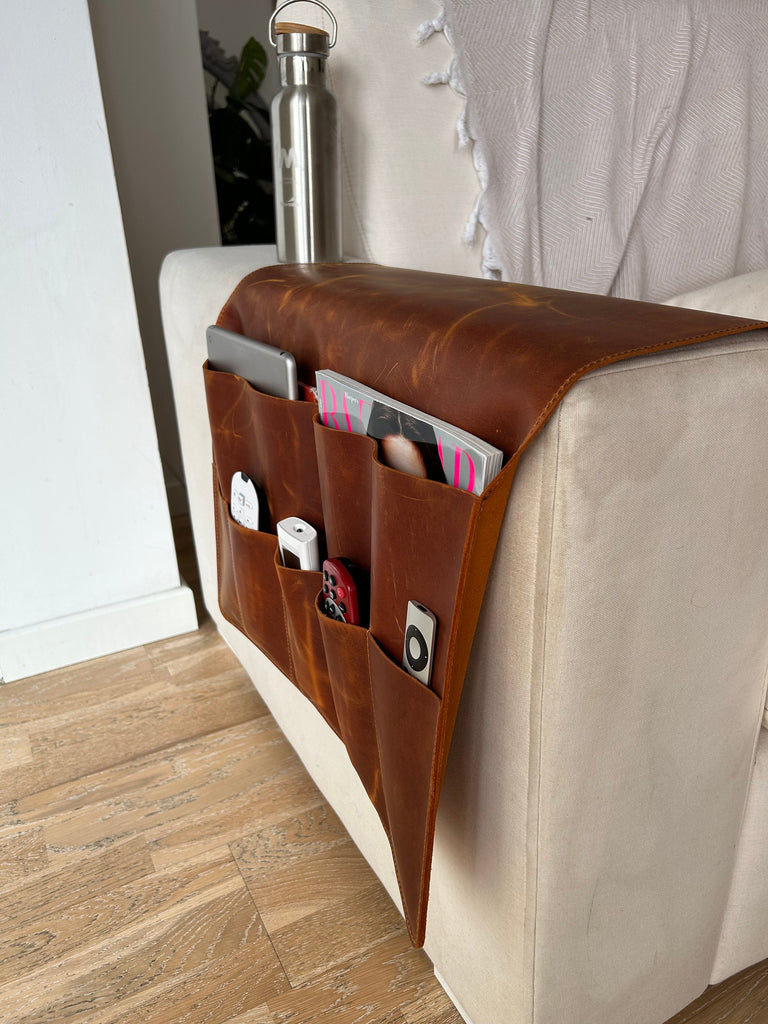 Handmade Leather Sofa Armrest Organizer: Couch Caddy with 7 Pockets for Magazines, Tablets, Remotes
