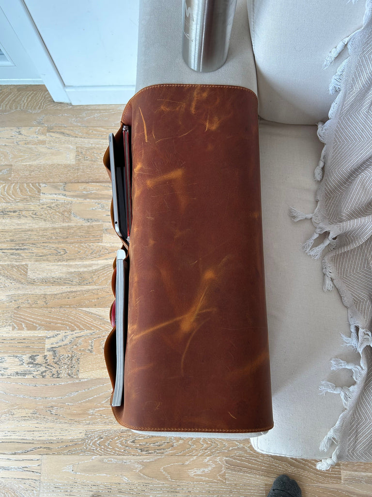 Handmade Leather Sofa Armrest Organizer: Couch Caddy with 7 Pockets for Magazines, Tablets, Remotes