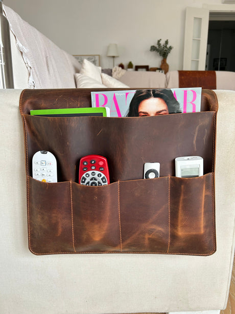 Handmade Leather Sofa Armrest Organizer: Couch Caddy with 5 Pockets For Magazines, Tablets, Remotes