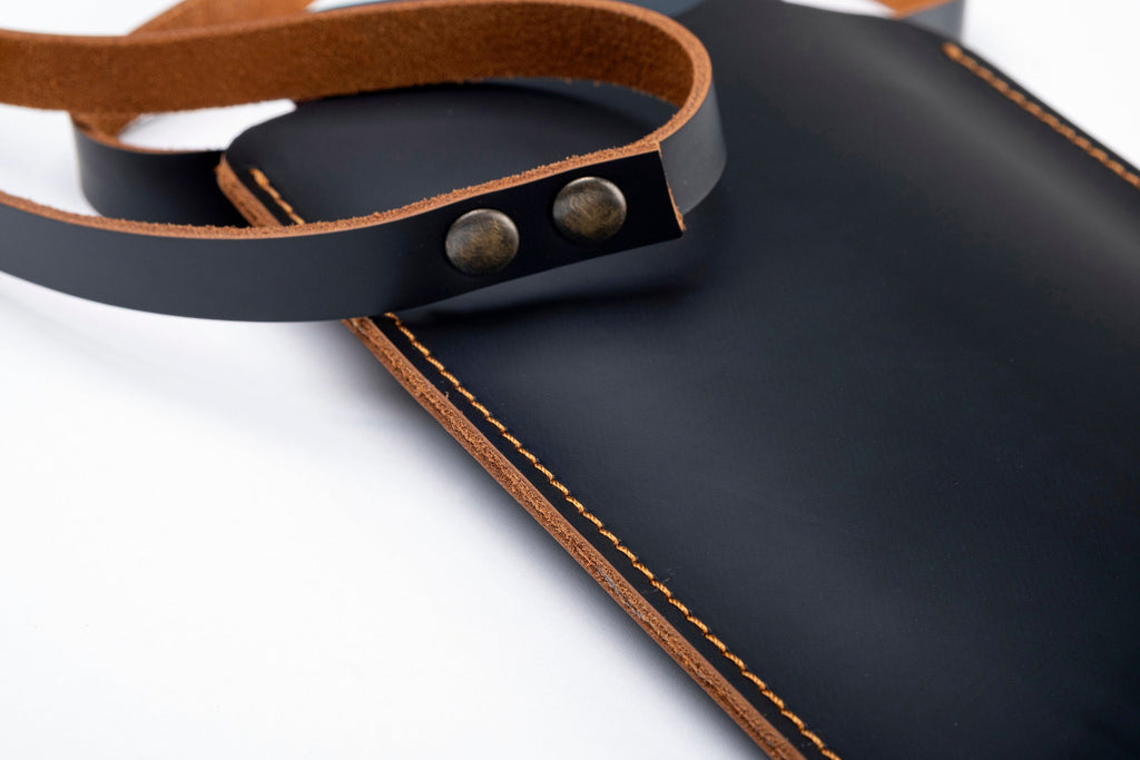 Handmade Leather iPhone Pro Max Sleeve: Black & Tobacco Duo-Color