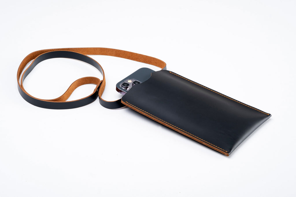 Handmade Leather iPhone Pro Max Sleeve: Black & Tobacco Duo-Color