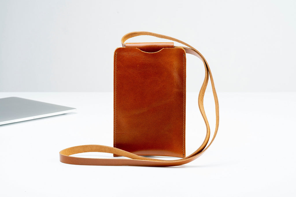 Handmade Light Tobacco Leather iPhone Pro Max Sleeve: Full Grain Cowhide