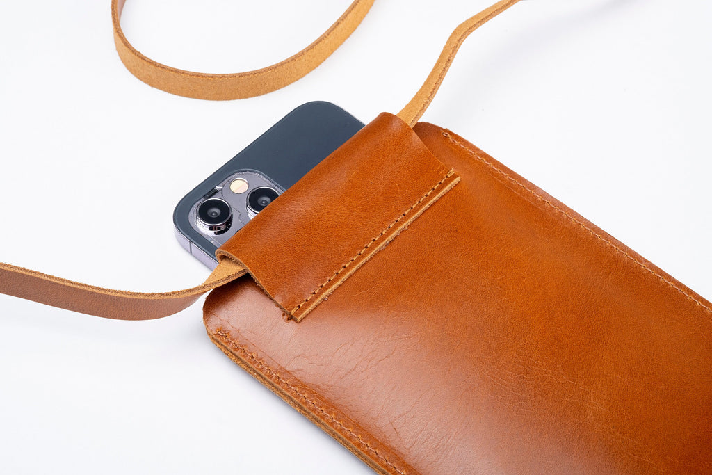 Handmade Light Tobacco Leather iPhone Pro Max Sleeve: Full Grain Cowhide