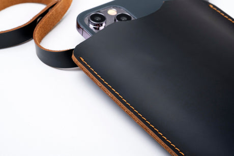Handmade Leather iPhone Pro Max Sleeve: Black & Tobacco Duo-Color
