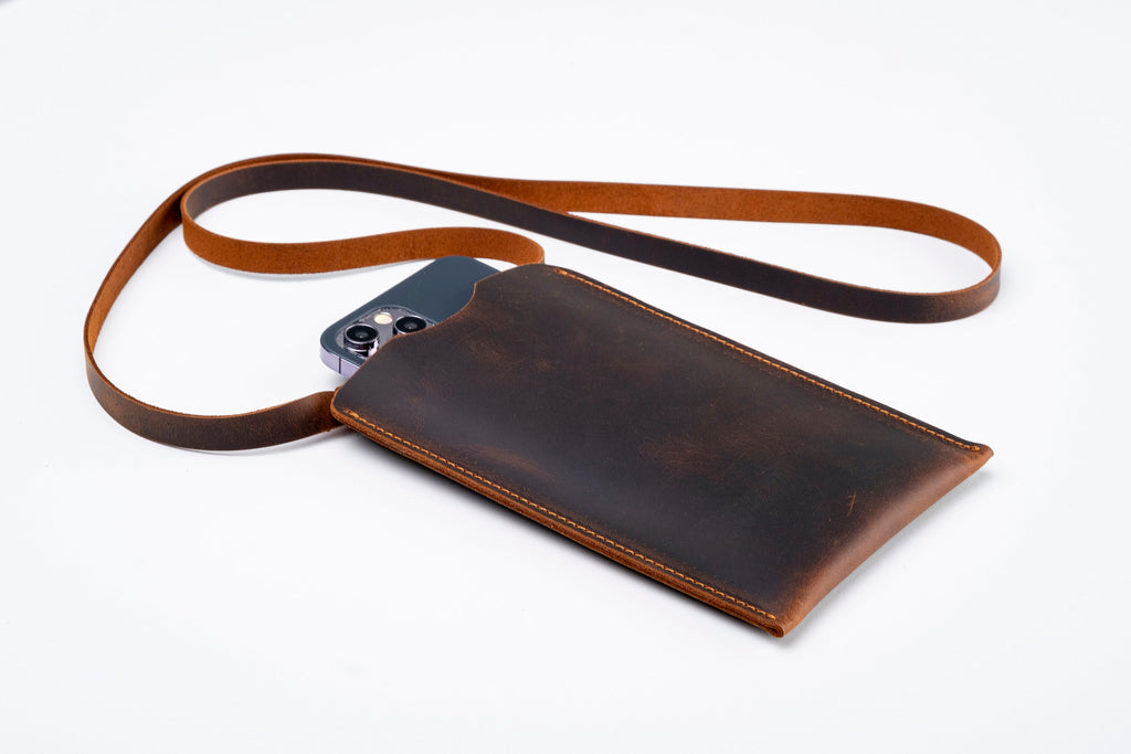 Leather iPhone Case, Handmade Smartphone Bag, Custom Mobile Crossbody, Mobile Mini Case, iPhone Travel Case, Tobacco
