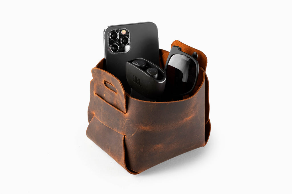 Leather Storage Basket Set of 6: Handmade Organizer Bin Set