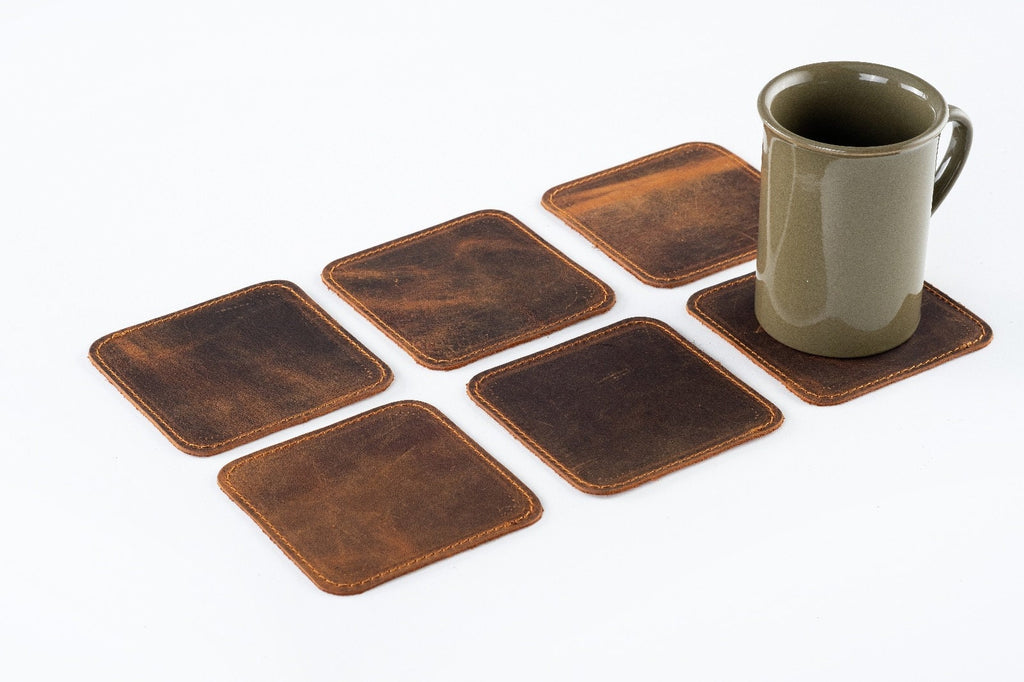 Distressed Leather Coasters, Handmade Personalized Table Coasters - Square and Stitched (Set of 6)