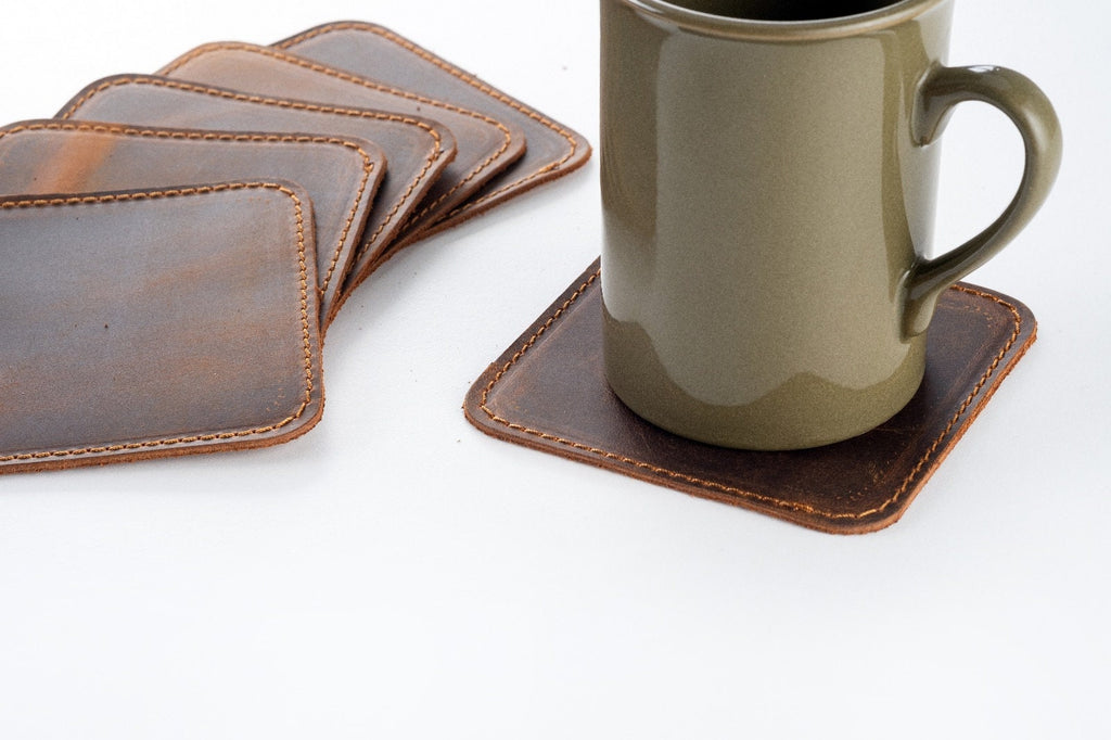 Distressed Leather Coasters, Handmade Personalized Table Coasters - Square and Stitched (Set of 6)