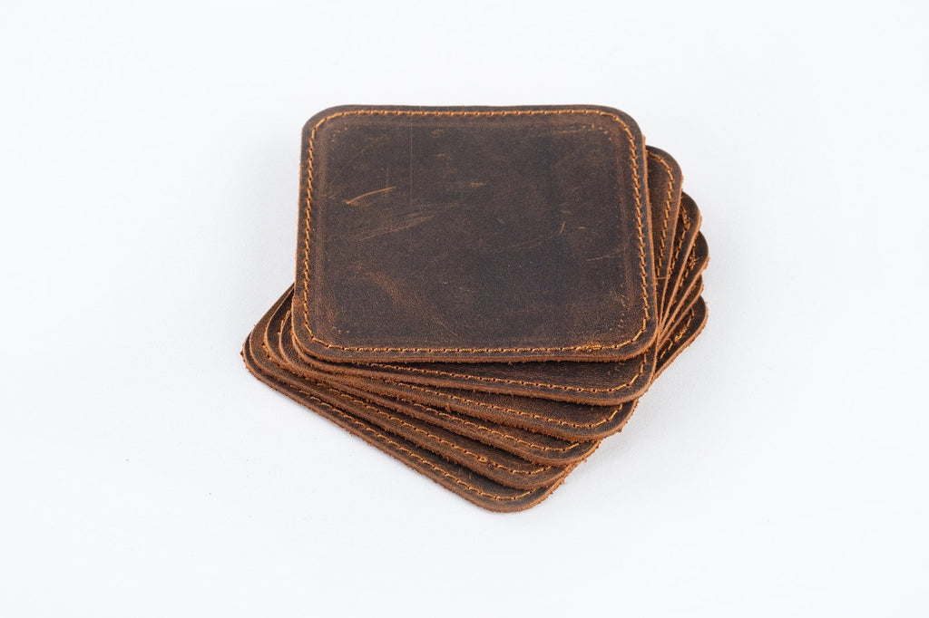 Distressed Leather Coasters: Handmade Table Coasters - Square and Stitched (Set of 6)