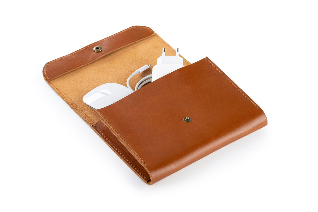 Leather Laptop Charger Organizer: Handmade Laptop Cable & Mouse Storage Case