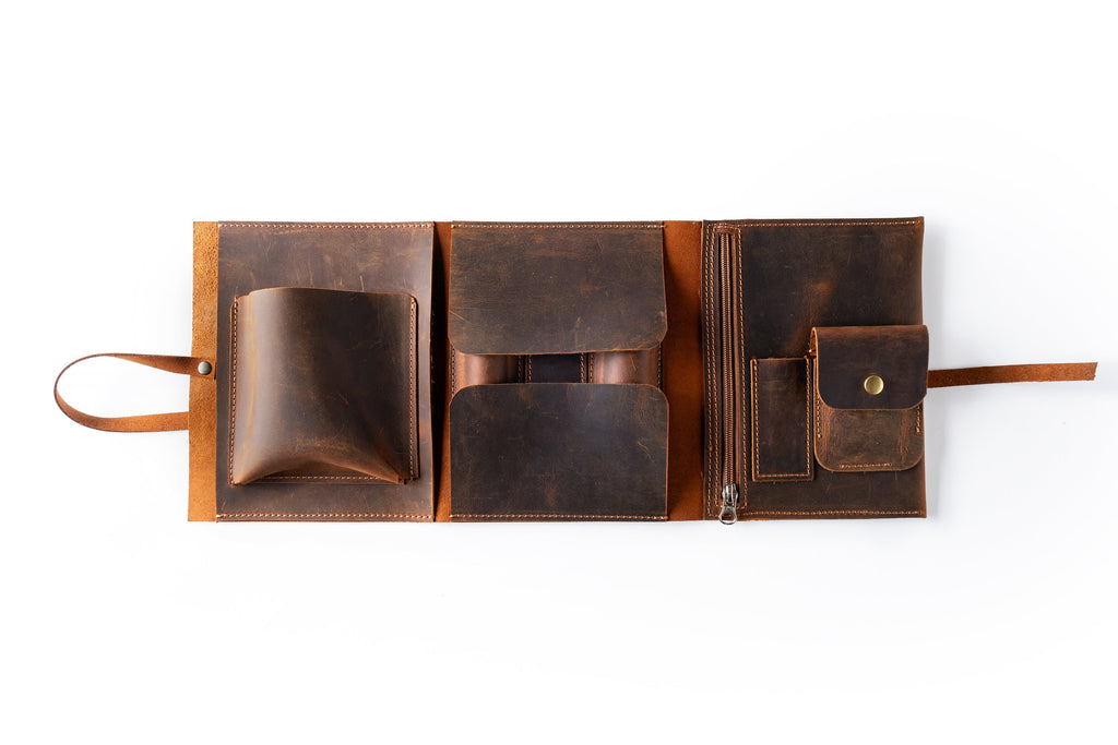 Premium Leather Pipe Pouch Full Set: Handmade Pipe Rollup Bag Complete Set For The Pipe Smoker - 1/2/3 Pipe Roll Sets