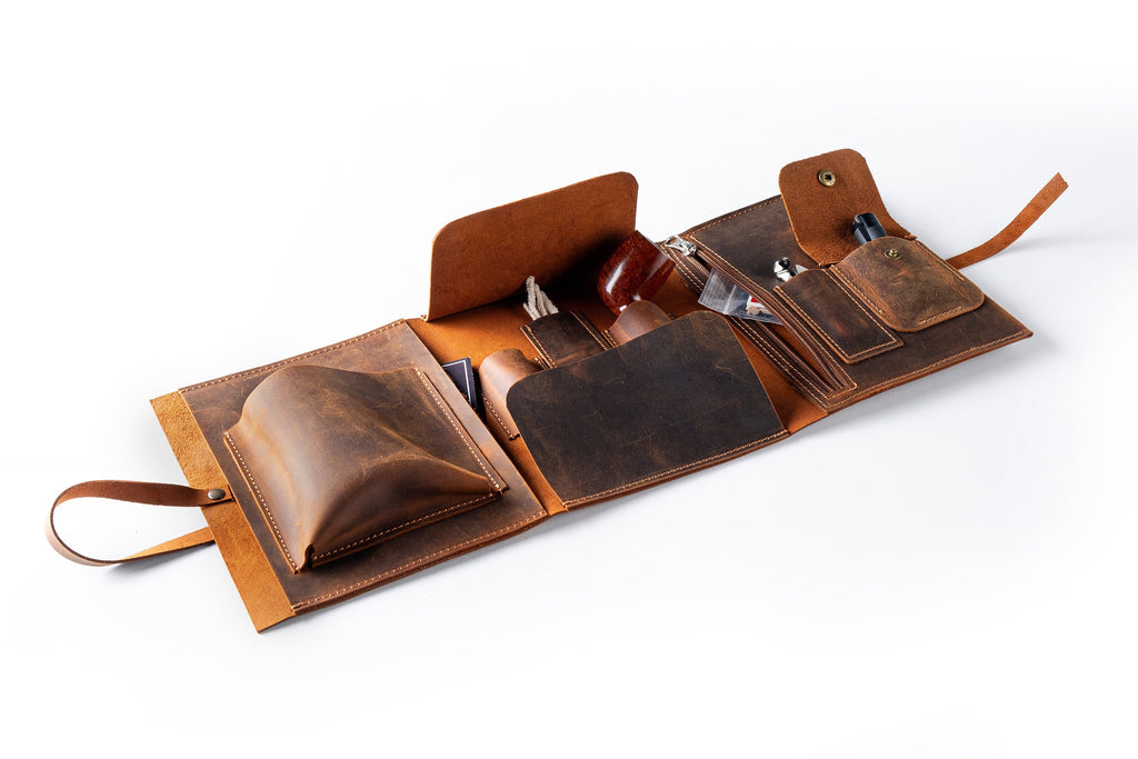 Premium Leather Pipe Pouch Full Set: Handmade Pipe Rollup Bag Complete Set For The Pipe Smoker - 1/2/3 Pipe Roll Sets