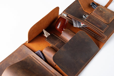Premium Leather Pipe Pouch Full Set: Handmade Pipe Rollup Bag Complete Set For The Pipe Smoker - 1/2/3 Pipe Roll Sets