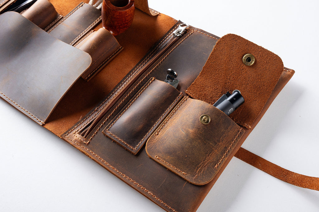 Premium Leather Pipe Pouch Full Set: Handmade Pipe Rollup Bag Complete Set For The Pipe Smoker - 1/2/3 Pipe Roll Sets