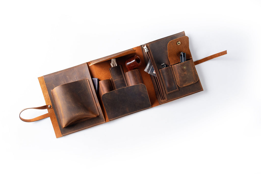 Premium Leather Pipe Pouch Full Set: Handmade Pipe Rollup Bag Complete Set For The Pipe Smoker - 1/2/3 Pipe Roll Sets