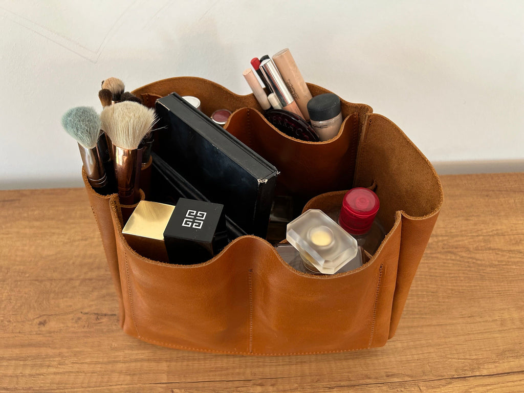 Handmade Distressed Leather Cosmetic Bag: Large Travel Makeup Organizer