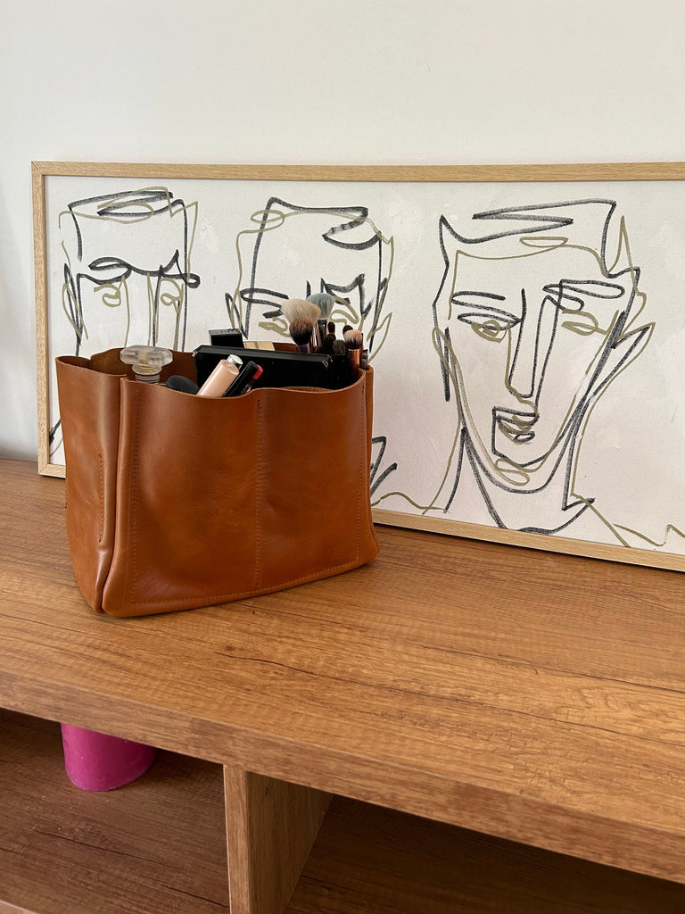 Handmade Distressed Leather Cosmetic Bag: Large Travel Makeup Organizer