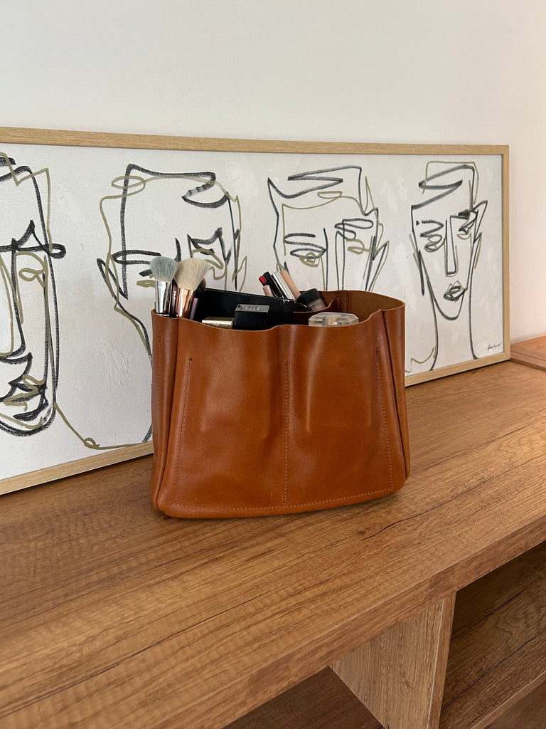 Handmade Distressed Leather Cosmetic Bag: Large Travel Makeup Organizer