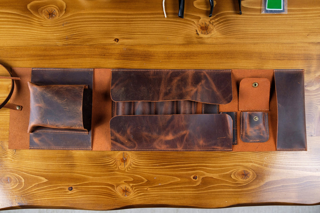 Handmade Leather 4-Pipe Rollup Pouch Set: Tobacco Storage & Stand