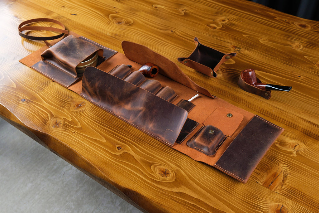 Handmade Leather 4-Pipe Rollup Pouch Set: Tobacco Storage & Stand
