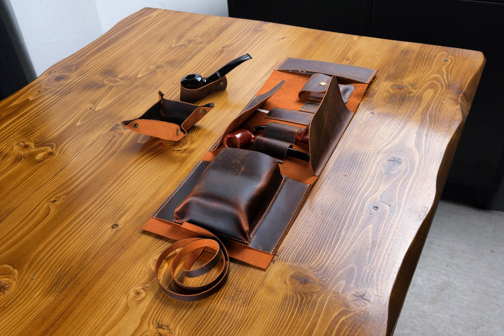 Leather Pipe Pouch Full Set: Handmade 2-Pipe Rollup Bag Complete Set For The Pipe Smoker