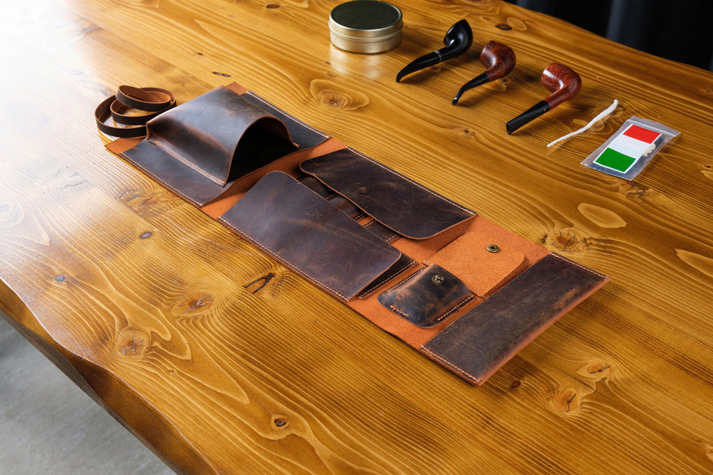 Leather Pipe Pouch Full Set: Handmade 2-Pipe Rollup Bag Complete Set For The Pipe Smoker