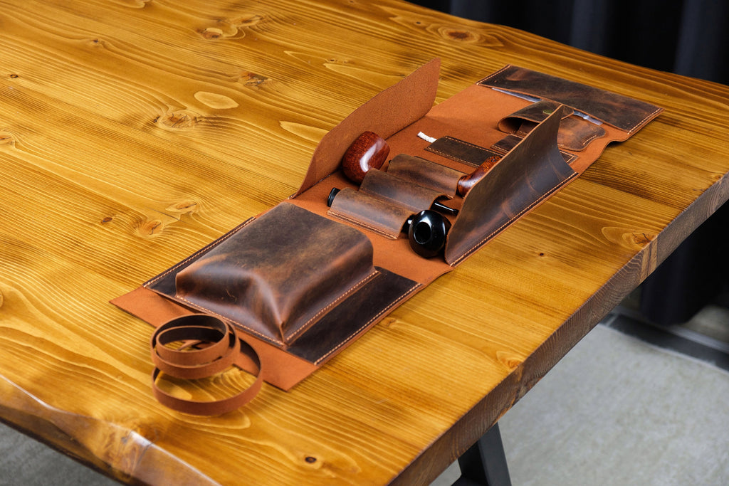 Leather Pipe Pouch Full Set: Handmade 3-Pipe Rollup Bag Complete Set For The Pipe Smoker