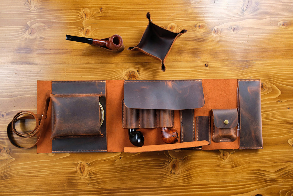 Leather Pipe Pouch Full Set: Handmade 3-Pipe Rollup Bag Complete Set For The Pipe Smoker
