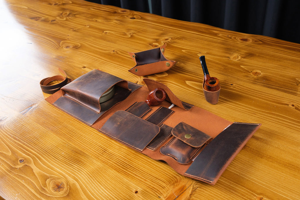 Leather Pipe Pouch Full Set: Handmade 1-Pipe Rollup Bag Complete Set For The Pipe Smoker