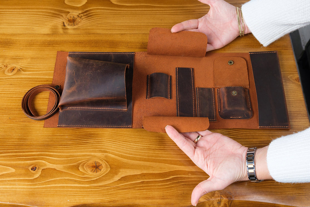 Leather Pipe Pouch Full Set: Handmade 1-Pipe Rollup Bag Complete Set For The Pipe Smoker