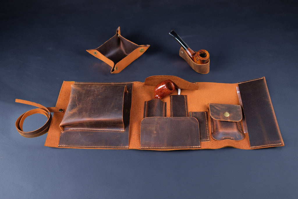 Leather Pipe Rollup Pouch Set, Handmade Pipe Rollup Bag Set for 1-Pipe, Pipe Stand, Valet Tray, The Pipe Smokers Full Set, Daily use