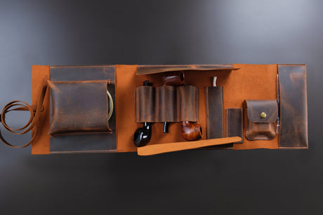 Leather Pipe Pouch Full Set: Handmade 3-Pipe Rollup Bag Complete Set For The Pipe Smoker
